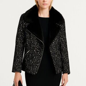 Karen Millen JB040 Coat Women’s 4 Black White Moto Faux Fur Collar Winter Chic